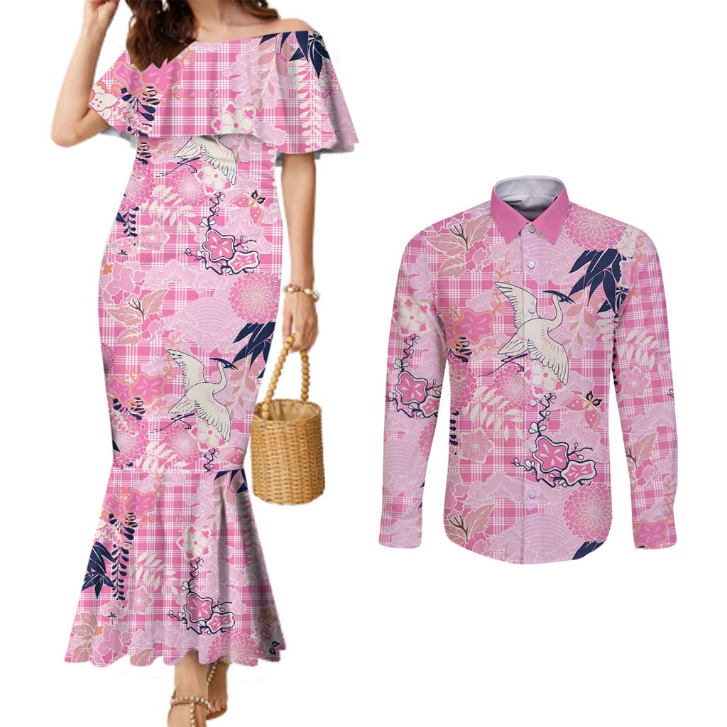 Pink Palaka Crane and Flowers Couples Matching Mermaid Dress and Long Sleeve Button Shirt Japan Heritage Spirit - Polynesian Pride