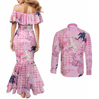Pink Palaka Crane and Flowers Couples Matching Mermaid Dress and Long Sleeve Button Shirt Japan Heritage Spirit - Polynesian Pride