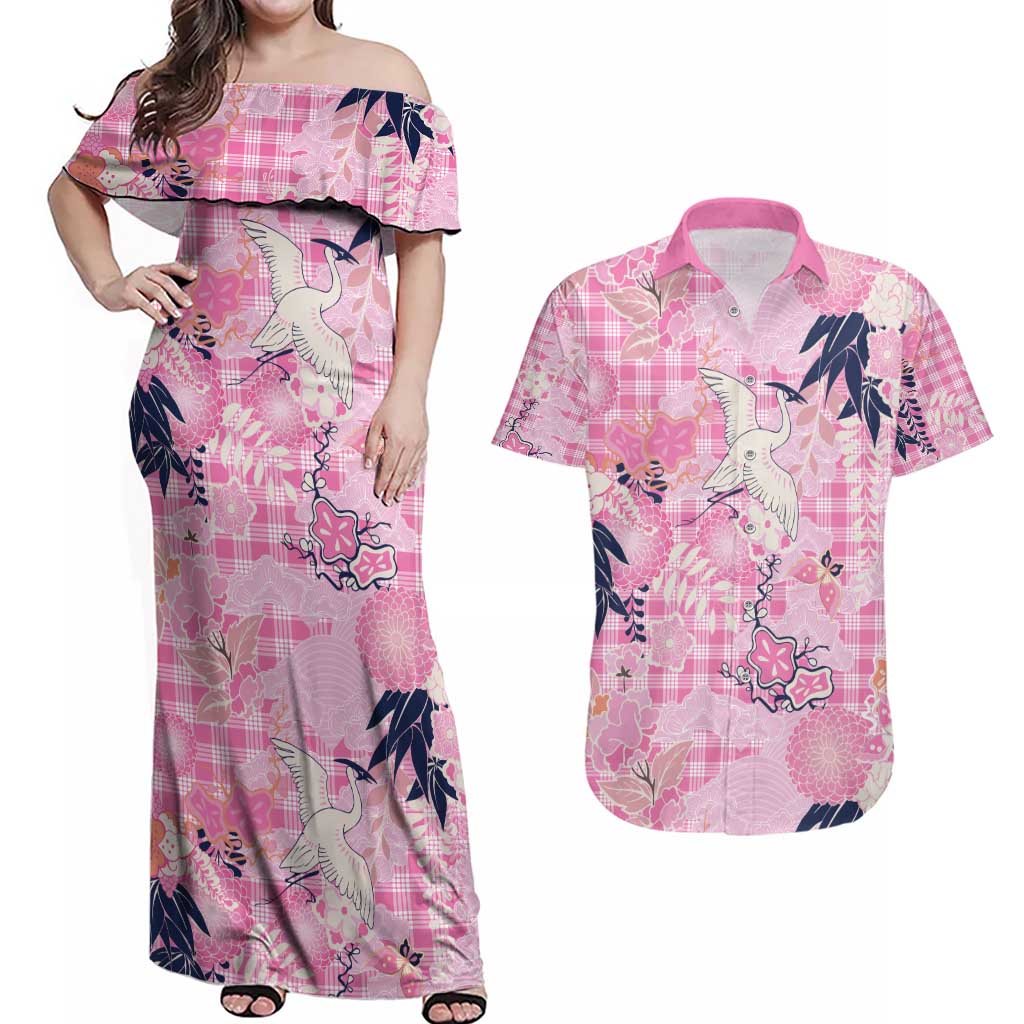 Pink Palaka Crane and Flowers Couples Matching Off Shoulder Maxi Dress and Hawaiian Shirt Japan Heritage Spirit - Polynesian Pride