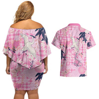 Pink Palaka Crane and Flowers Couples Matching Off Shoulder Short Dress and Hawaiian Shirt Japan Heritage Spirit - Polynesian Pride