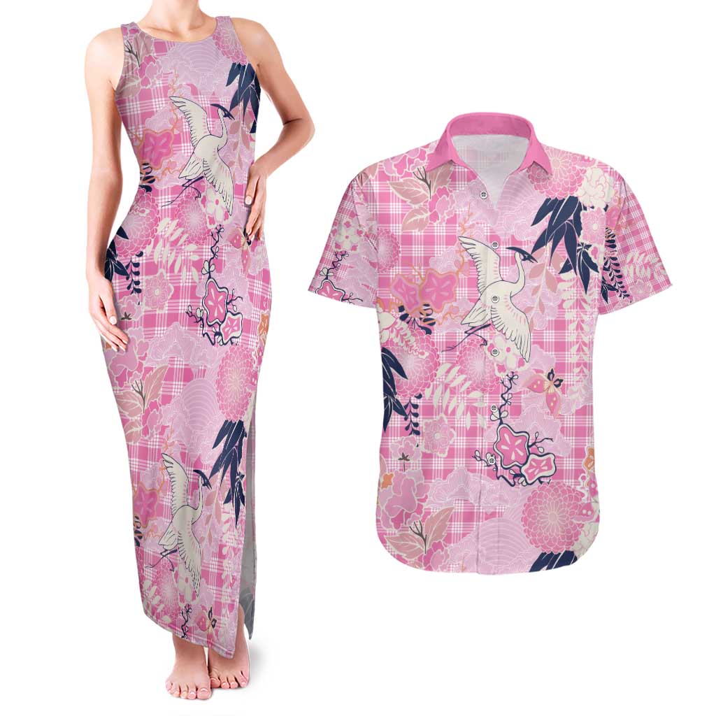 Pink Palaka Crane and Flowers Couples Matching Tank Maxi Dress and Hawaiian Shirt Japan Heritage Spirit - Polynesian Pride