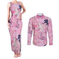 Pink Palaka Crane and Flowers Couples Matching Tank Maxi Dress and Long Sleeve Button Shirt Japan Heritage Spirit - Polynesian Pride