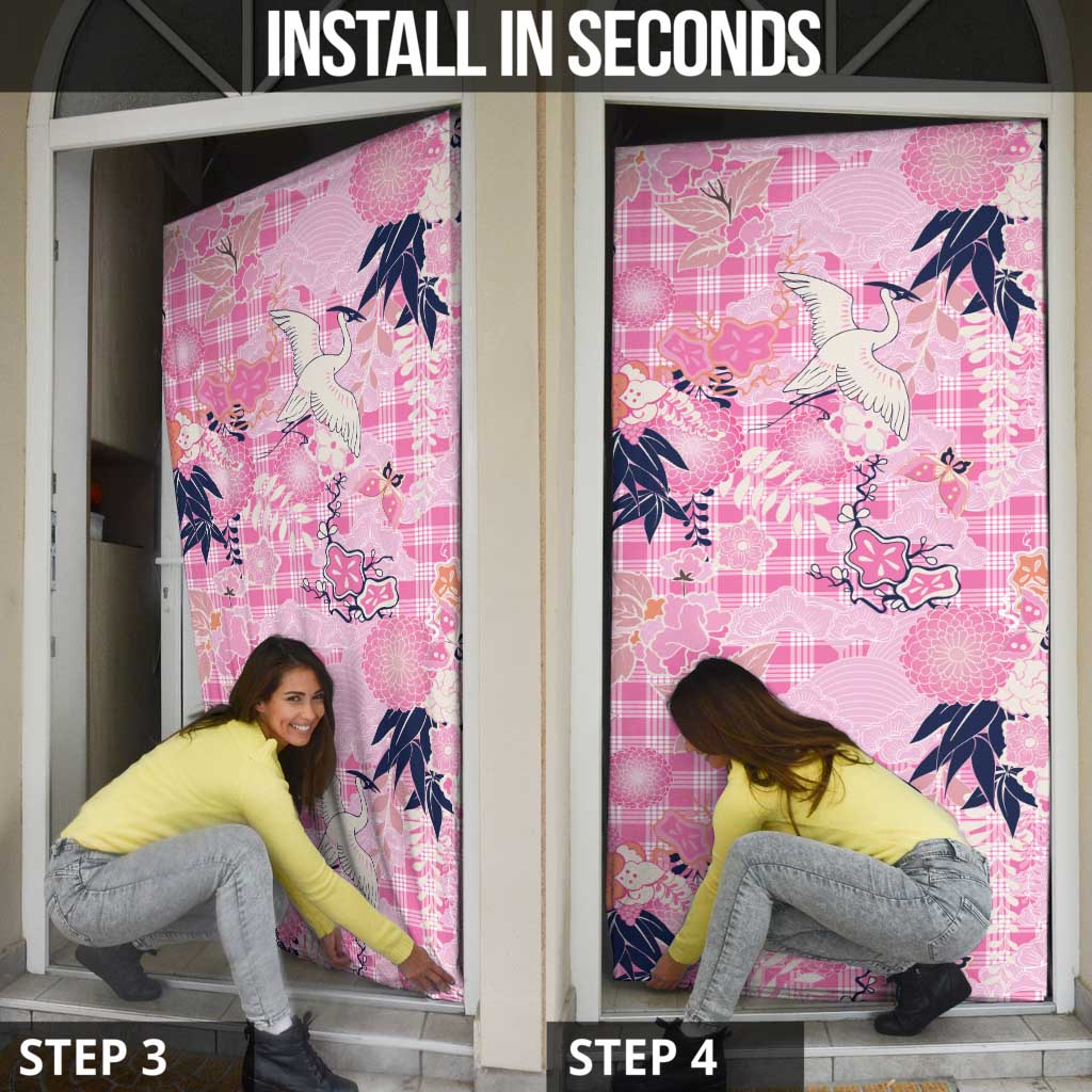 Pink Palaka Crane and Flowers Door Cover Japan Heritage Spirit - Polynesian Pride