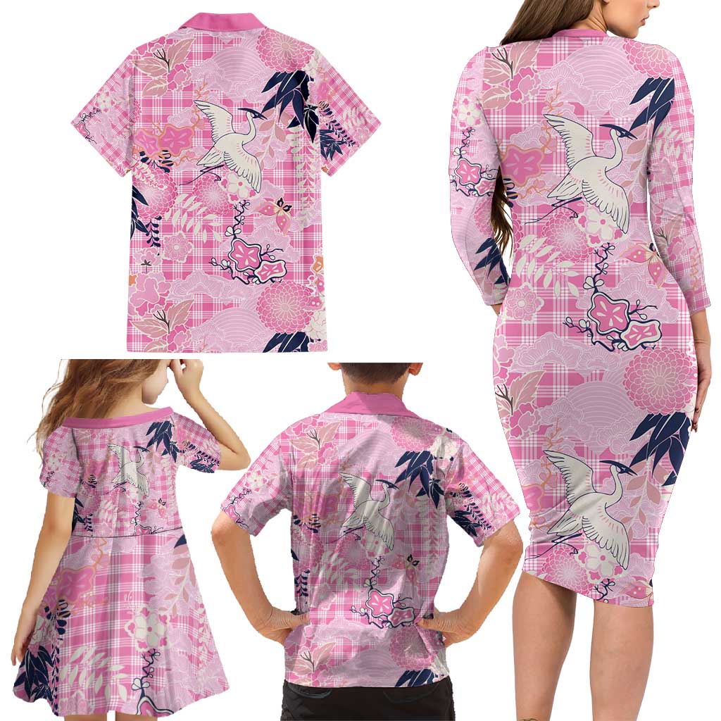Pink Palaka Crane and Flowers Family Matching Long Sleeve Bodycon Dress and Hawaiian Shirt Japan Heritage Spirit - Polynesian Pride