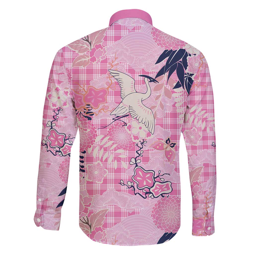 Pink Palaka Crane and Flowers Family Matching Long Sleeve Bodycon Dress and Hawaiian Shirt Japan Heritage Spirit - Polynesian Pride