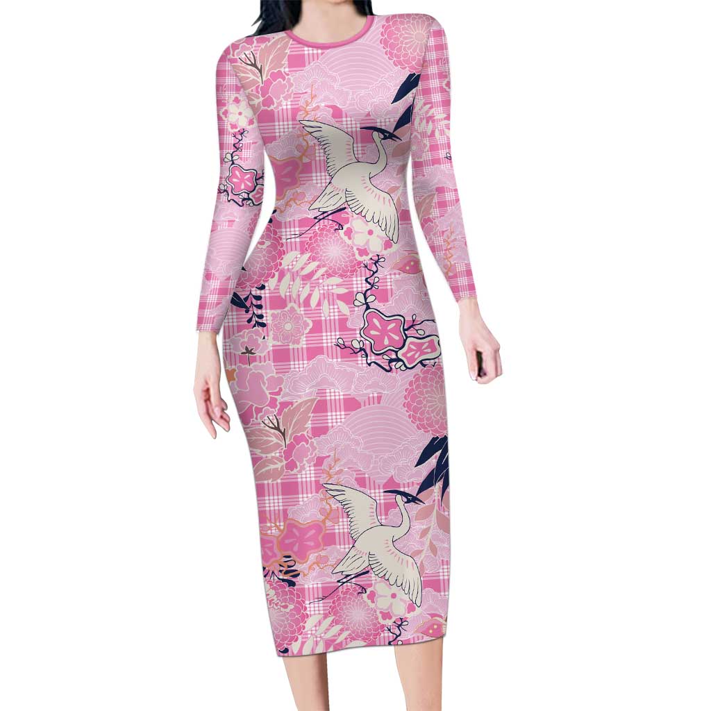 Pink Palaka Crane and Flowers Family Matching Long Sleeve Bodycon Dress and Hawaiian Shirt Japan Heritage Spirit - Polynesian Pride