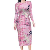 Pink Palaka Crane and Flowers Family Matching Long Sleeve Bodycon Dress and Hawaiian Shirt Japan Heritage Spirit - Polynesian Pride