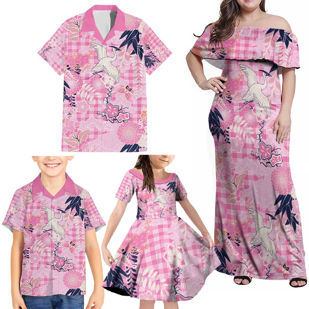Pink Palaka Crane and Flowers Family Matching Off Shoulder Maxi Dress and Hawaiian Shirt Japan Heritage Spirit - Polynesian Pride