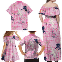 Pink Palaka Crane and Flowers Family Matching Off Shoulder Maxi Dress and Hawaiian Shirt Japan Heritage Spirit - Polynesian Pride