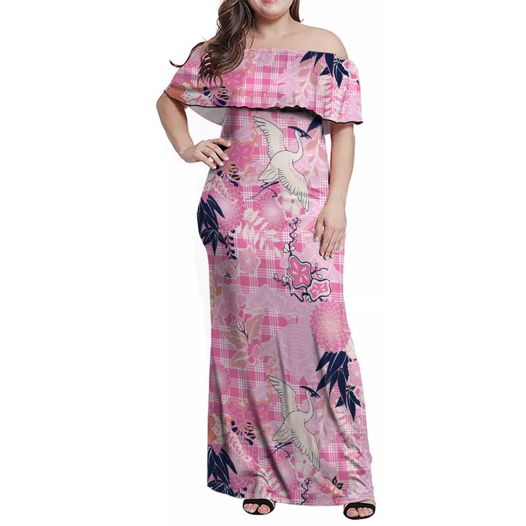 Pink Palaka Crane and Flowers Family Matching Off Shoulder Maxi Dress and Hawaiian Shirt Japan Heritage Spirit - Polynesian Pride