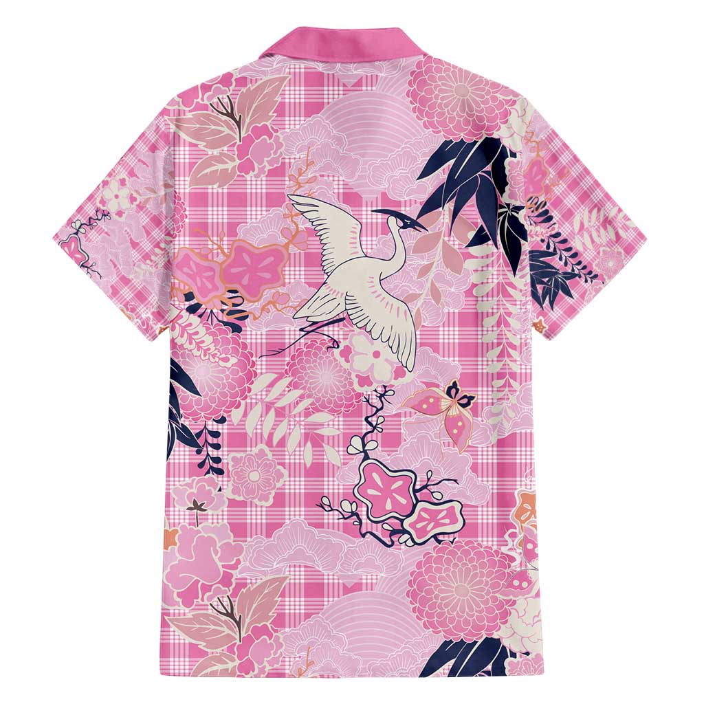 Pink Palaka Crane and Flowers Family Matching Off Shoulder Short Dress and Hawaiian Shirt Japan Heritage Spirit - Polynesian Pride