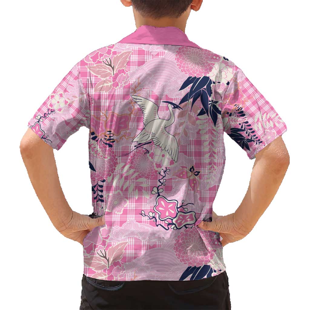 Pink Palaka Crane and Flowers Family Matching Puletasi and Hawaiian Shirt Japan Heritage Spirit - Polynesian Pride