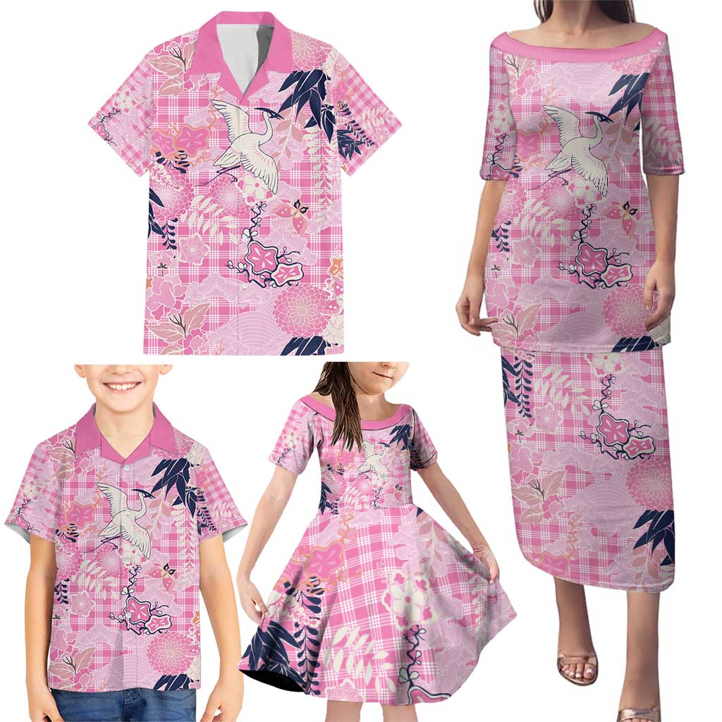 Pink Palaka Crane and Flowers Family Matching Puletasi and Hawaiian Shirt Japan Heritage Spirit - Polynesian Pride