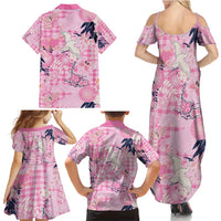 Pink Palaka Crane and Flowers Family Matching Summer Maxi Dress and Hawaiian Shirt Japan Heritage Spirit - Polynesian Pride