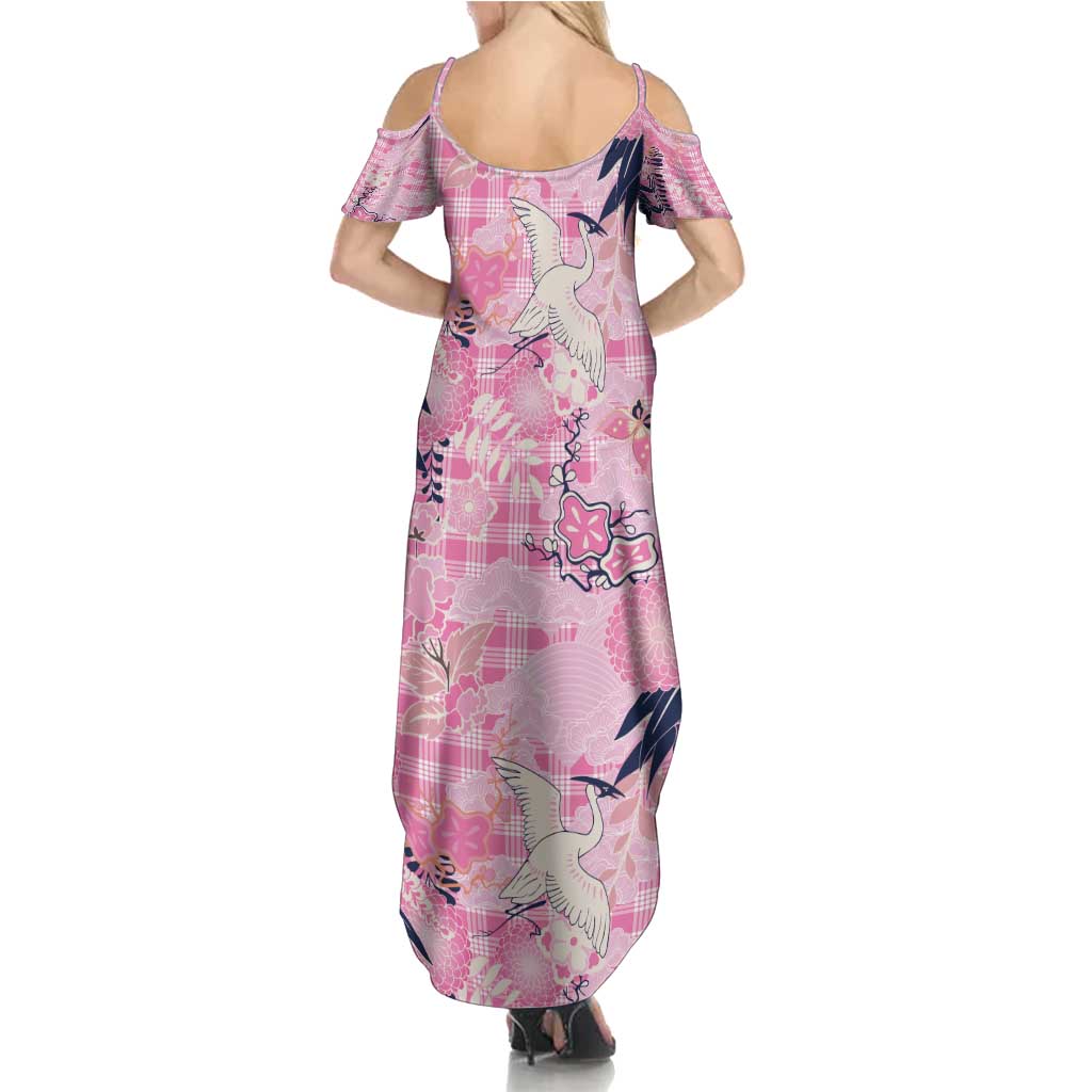 Pink Palaka Crane and Flowers Family Matching Summer Maxi Dress and Hawaiian Shirt Japan Heritage Spirit - Polynesian Pride