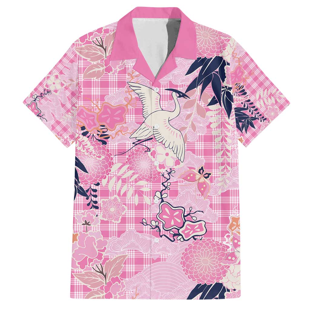 Pink Palaka Crane and Flowers Family Matching Tank Maxi Dress and Hawaiian Shirt Japan Heritage Spirit - Polynesian Pride