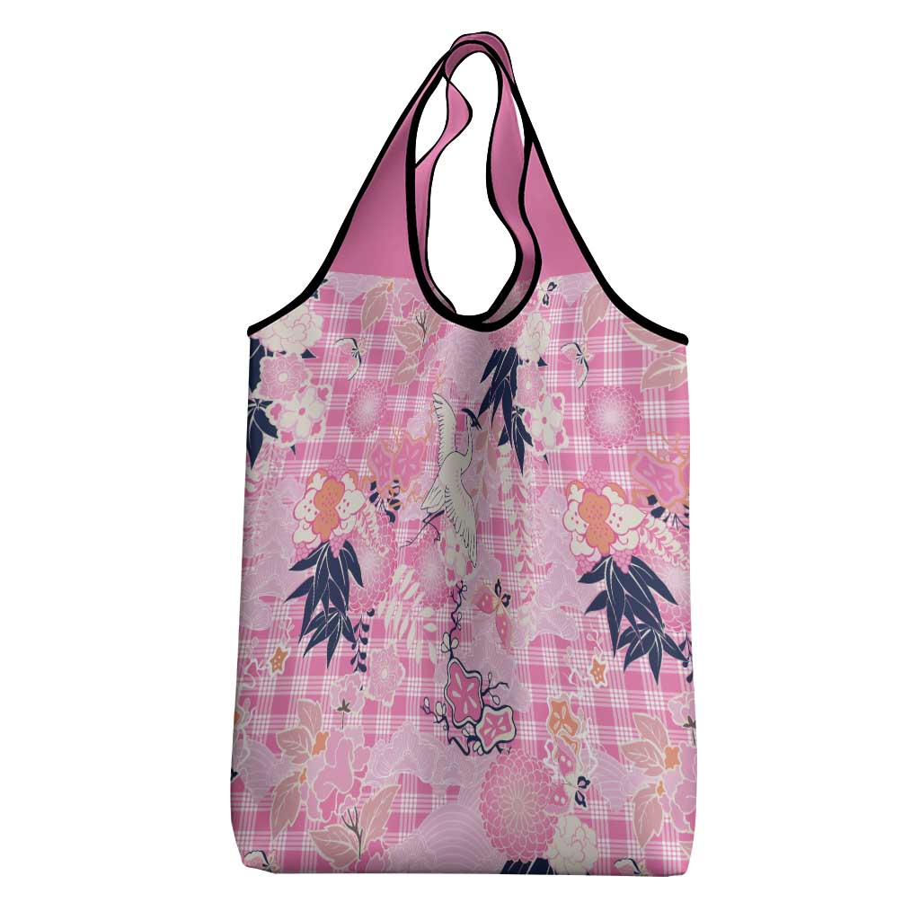 Pink Palaka Crane and Flowers Grocery Bag Japan Heritage Spirit - Polynesian Pride