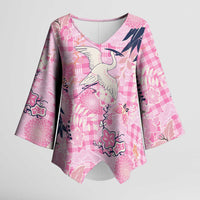 Pink Palaka Crane and Flowers Kimono Sleeve Blouse Japan Heritage Spirit - Polynesian Pride
