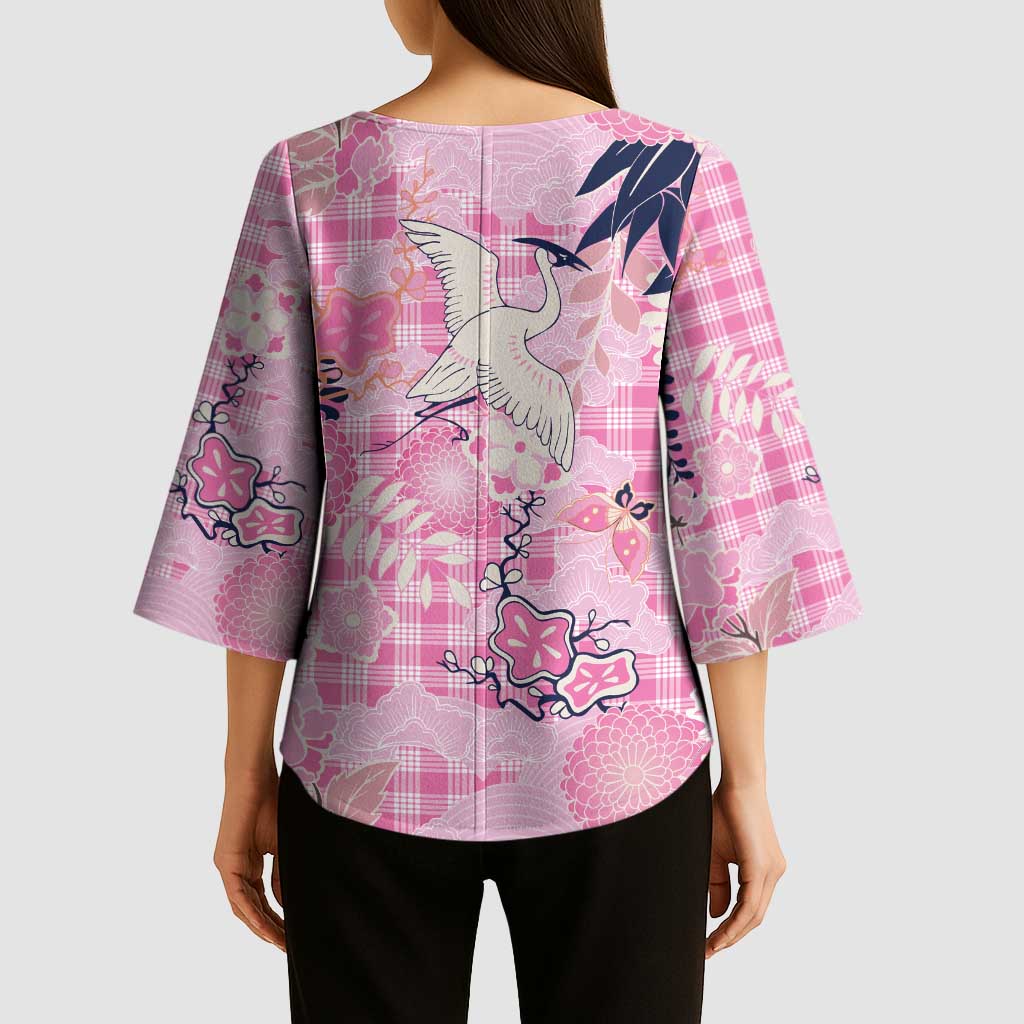 Pink Palaka Crane and Flowers Kimono Sleeve Blouse Japan Heritage Spirit - Polynesian Pride
