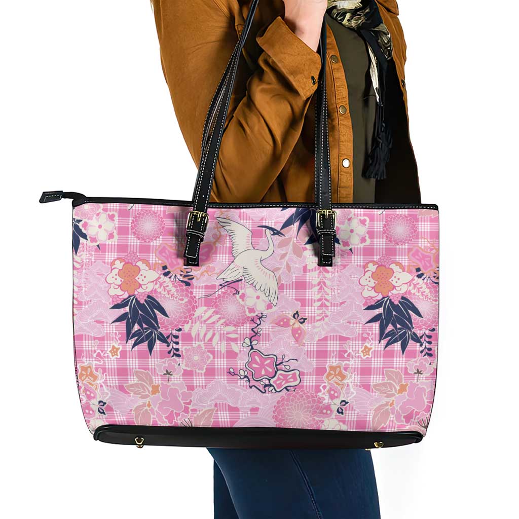 Pink Palaka Crane and Flowers Leather Tote Bag Japan Heritage Spirit - Polynesian Pride