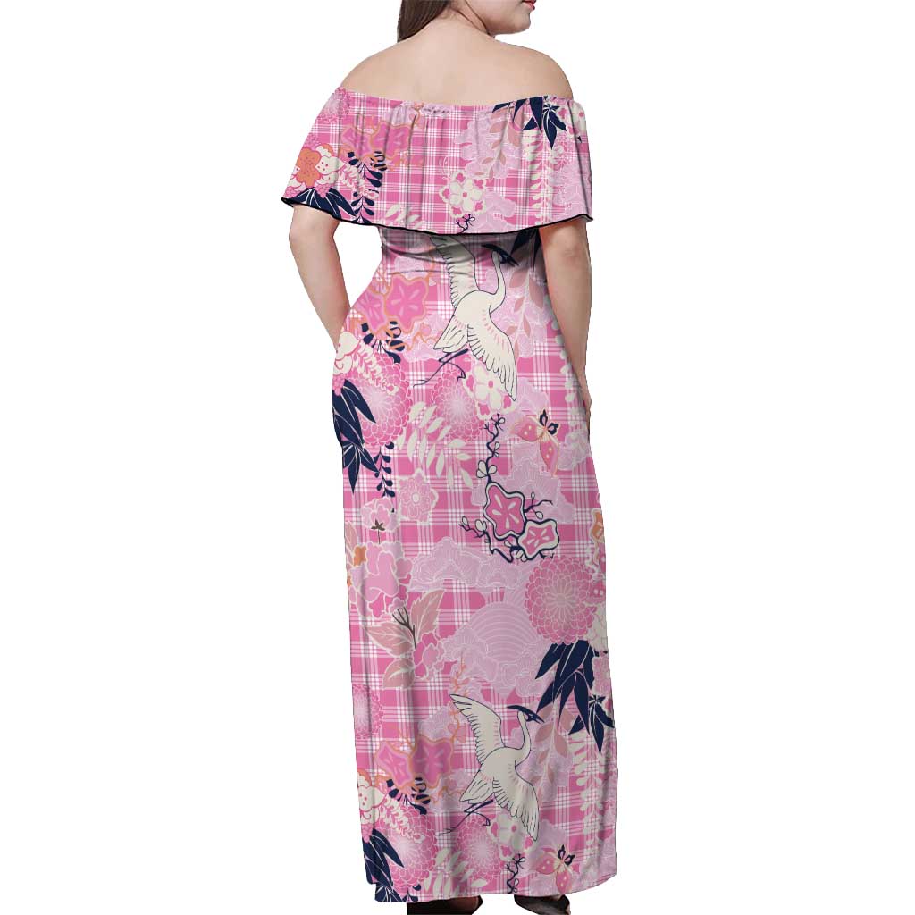Pink Palaka Crane and Flowers Off Shoulder Maxi Dress Japan Heritage Spirit - Polynesian Pride