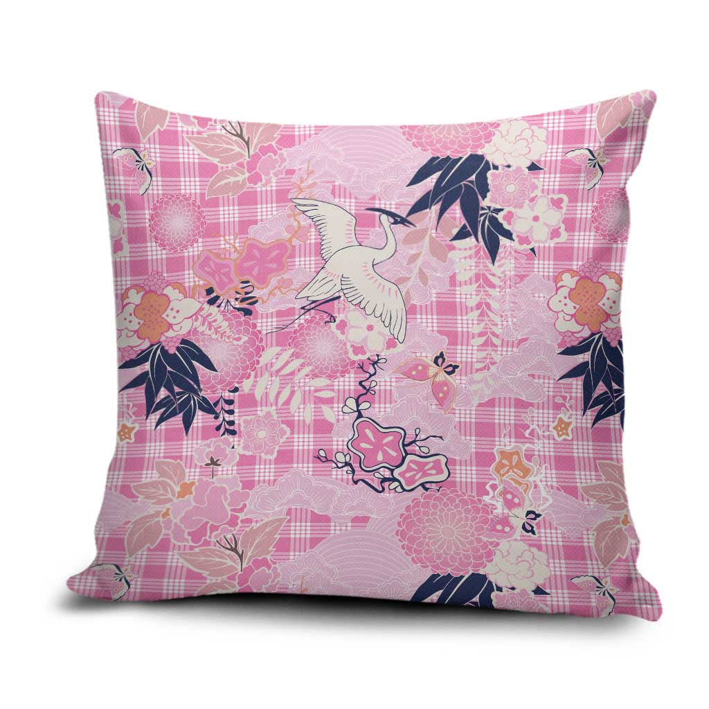 Pink Palaka Crane and Flowers Pillow Cover Japan Heritage Spirit - Polynesian Pride