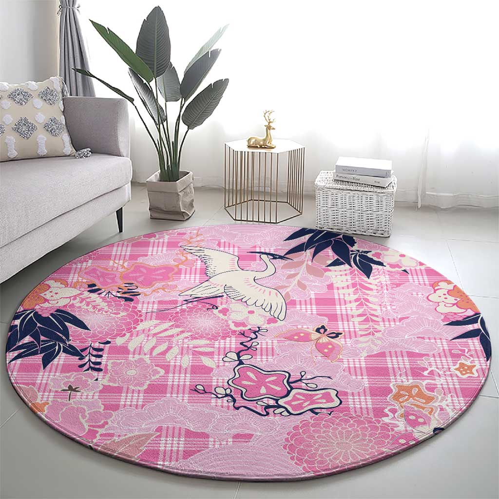 Pink Palaka Crane and Flowers Round Carpet Japan Heritage Spirit LT9 - Polynesian Pride