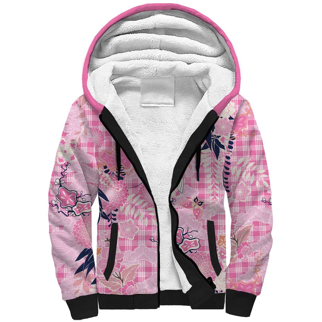 Pink Palaka Crane and Flowers Sherpa Hoodie Japan Heritage Spirit - Polynesian Pride