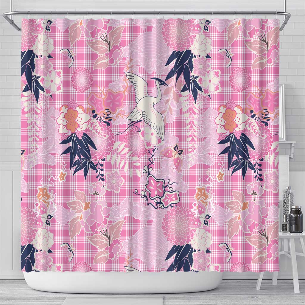 Pink Palaka Crane and Flowers Shower Curtain Japan Heritage Spirit - Polynesian Pride