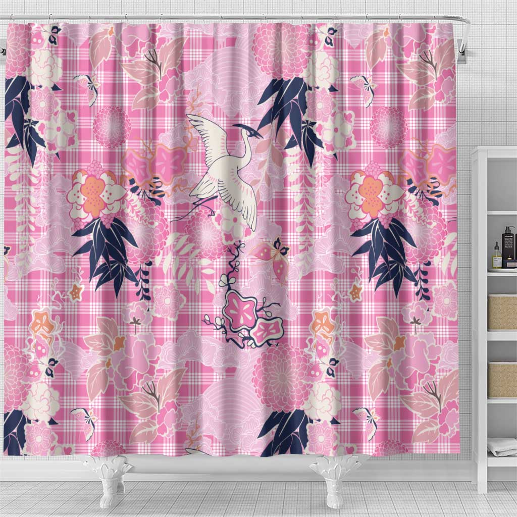 Pink Palaka Crane and Flowers Shower Curtain Japan Heritage Spirit - Polynesian Pride