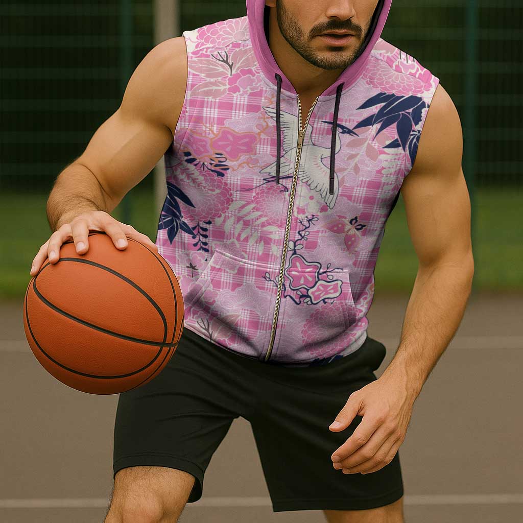 Pink Palaka Crane and Flowers Sleeveless Zip Hoodie Japan Heritage Spirit - Polynesian Pride