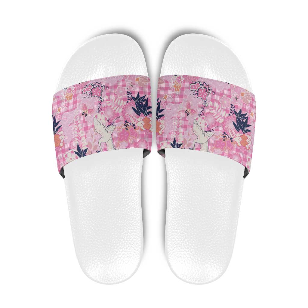 Pink Palaka Crane and Flowers Slide Sandals Japan Heritage Spirit - Polynesian Pride