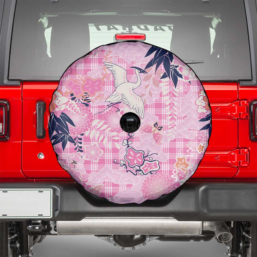 Pink Palaka Crane and Flowers Spare Tire Cover Japan Heritage Spirit - Polynesian Pride