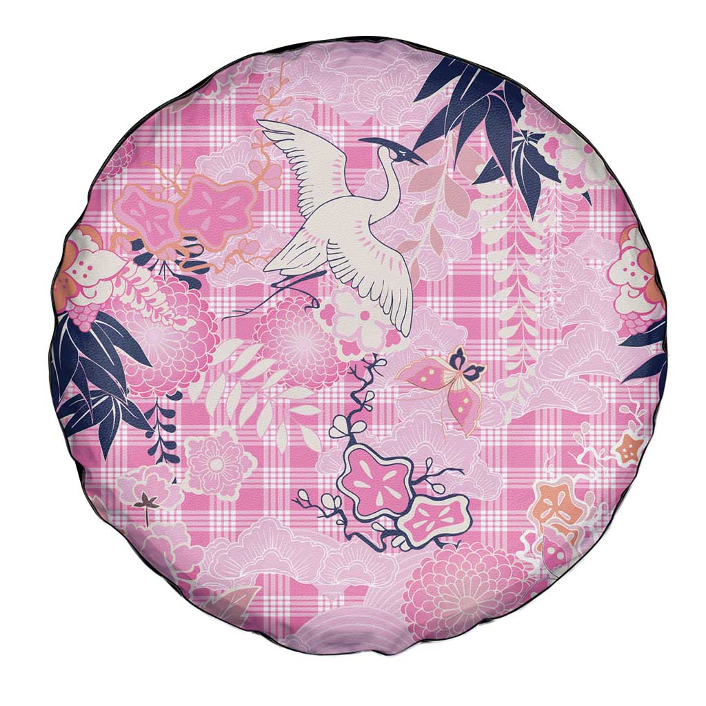Pink Palaka Crane and Flowers Spare Tire Cover Japan Heritage Spirit - Polynesian Pride