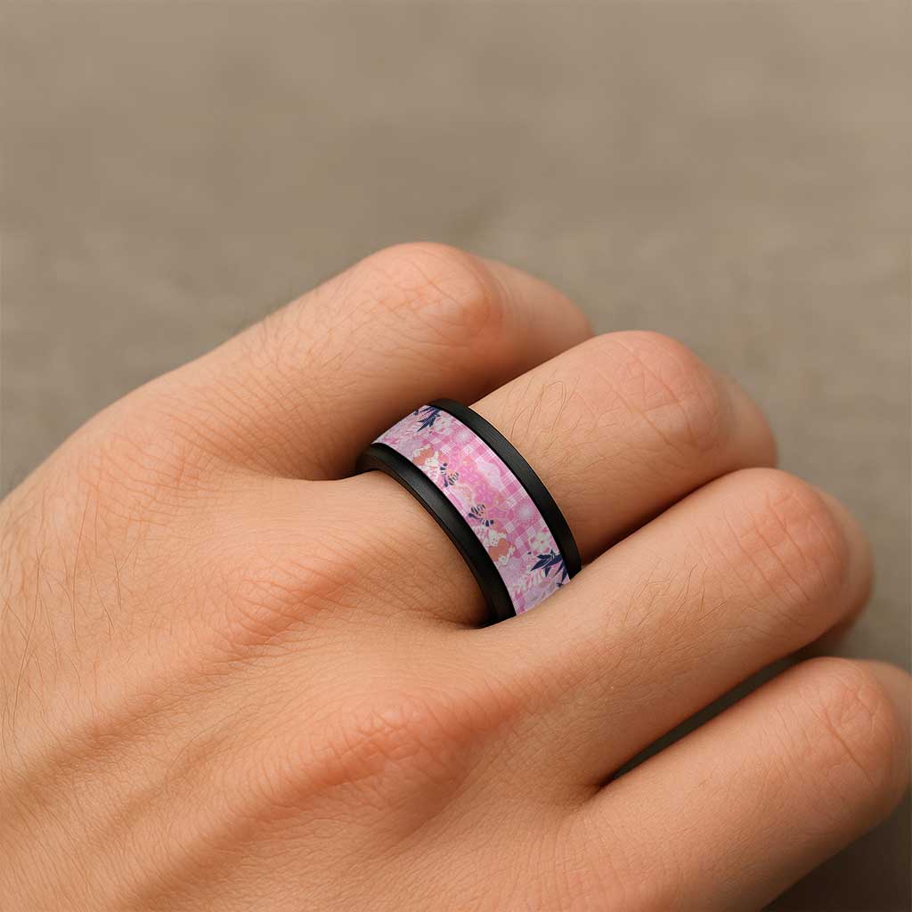 Pink Palaka Crane and Flowers Spinner Ring Japan Heritage Spirit - Polynesian Pride