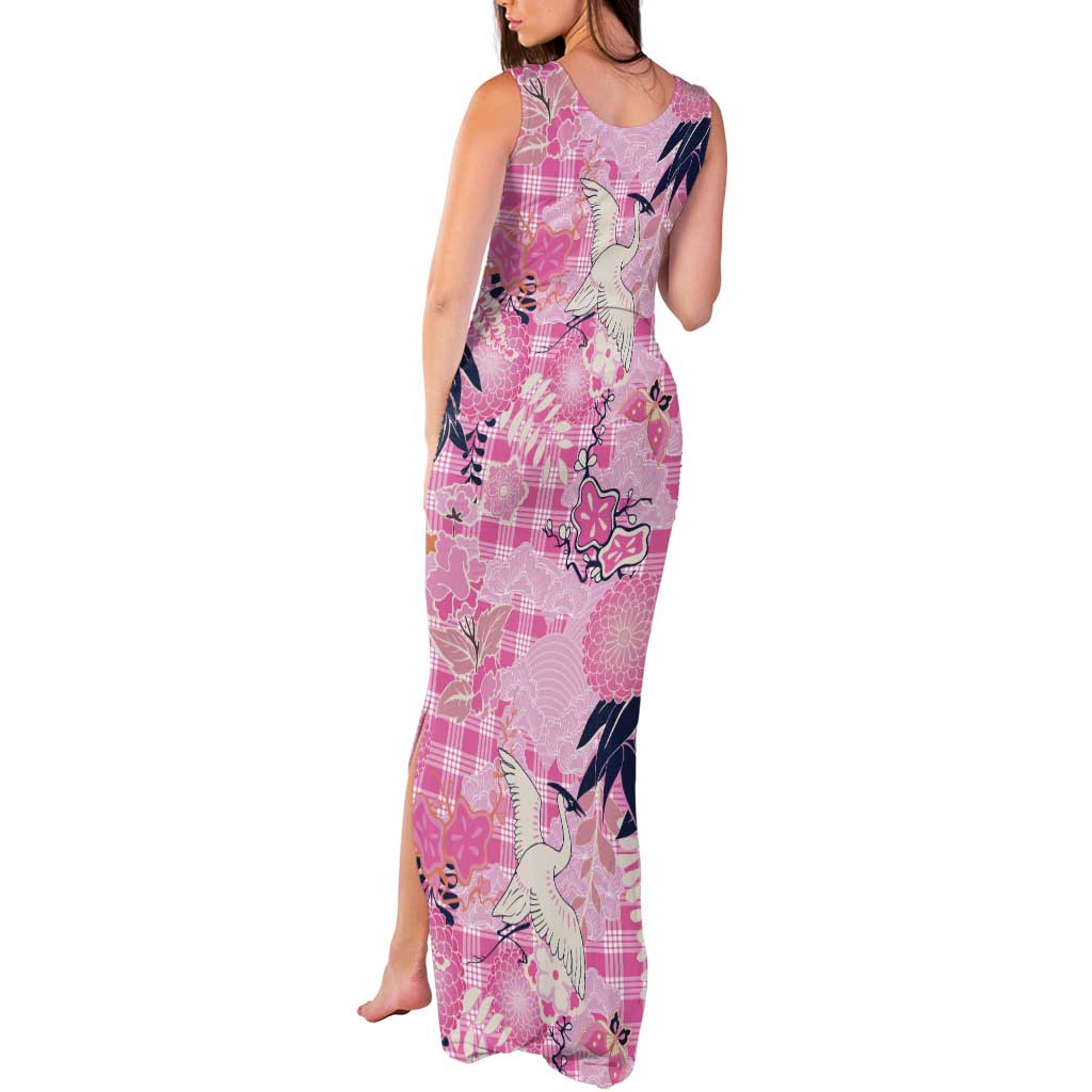 Pink Palaka Crane and Flowers Tank Maxi Dress Japan Heritage Spirit - Polynesian Pride