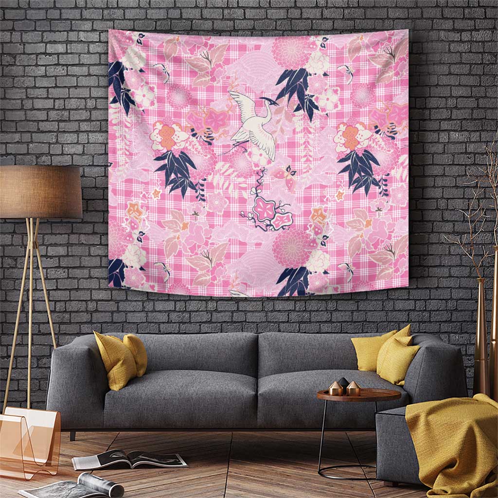 Pink Palaka Crane and Flowers Tapestry Japan Heritage Spirit - Polynesian Pride