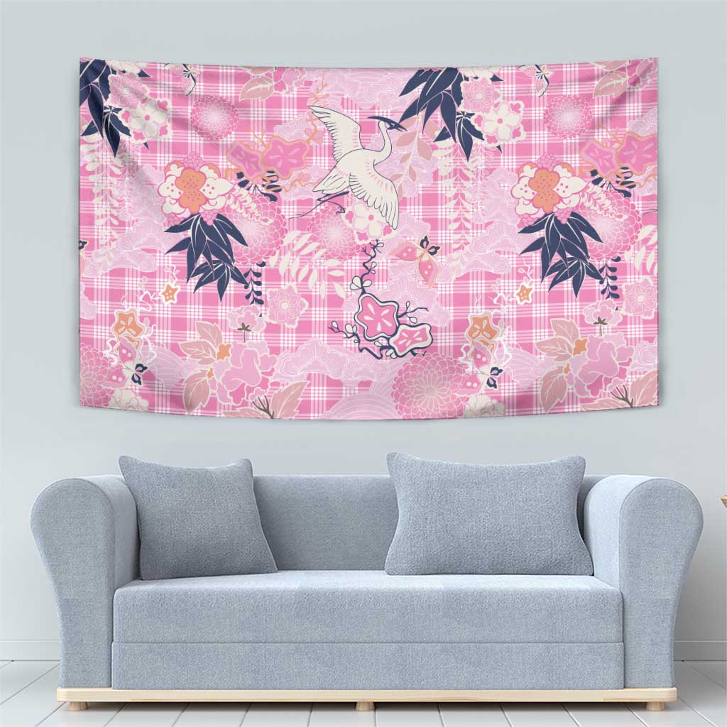 Pink Palaka Crane and Flowers Tapestry Japan Heritage Spirit - Polynesian Pride
