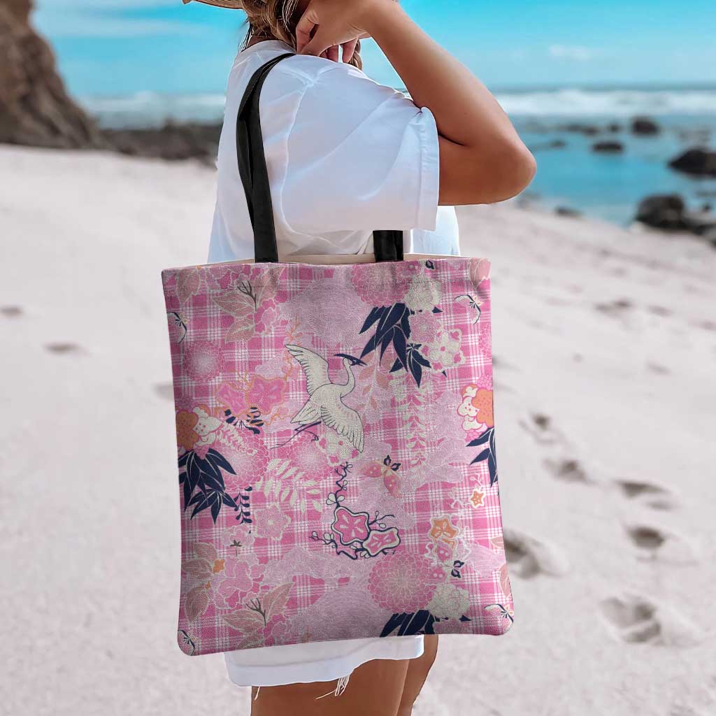 Pink Palaka Crane and Flowers Tote Bag Japan Heritage Spirit - Polynesian Pride