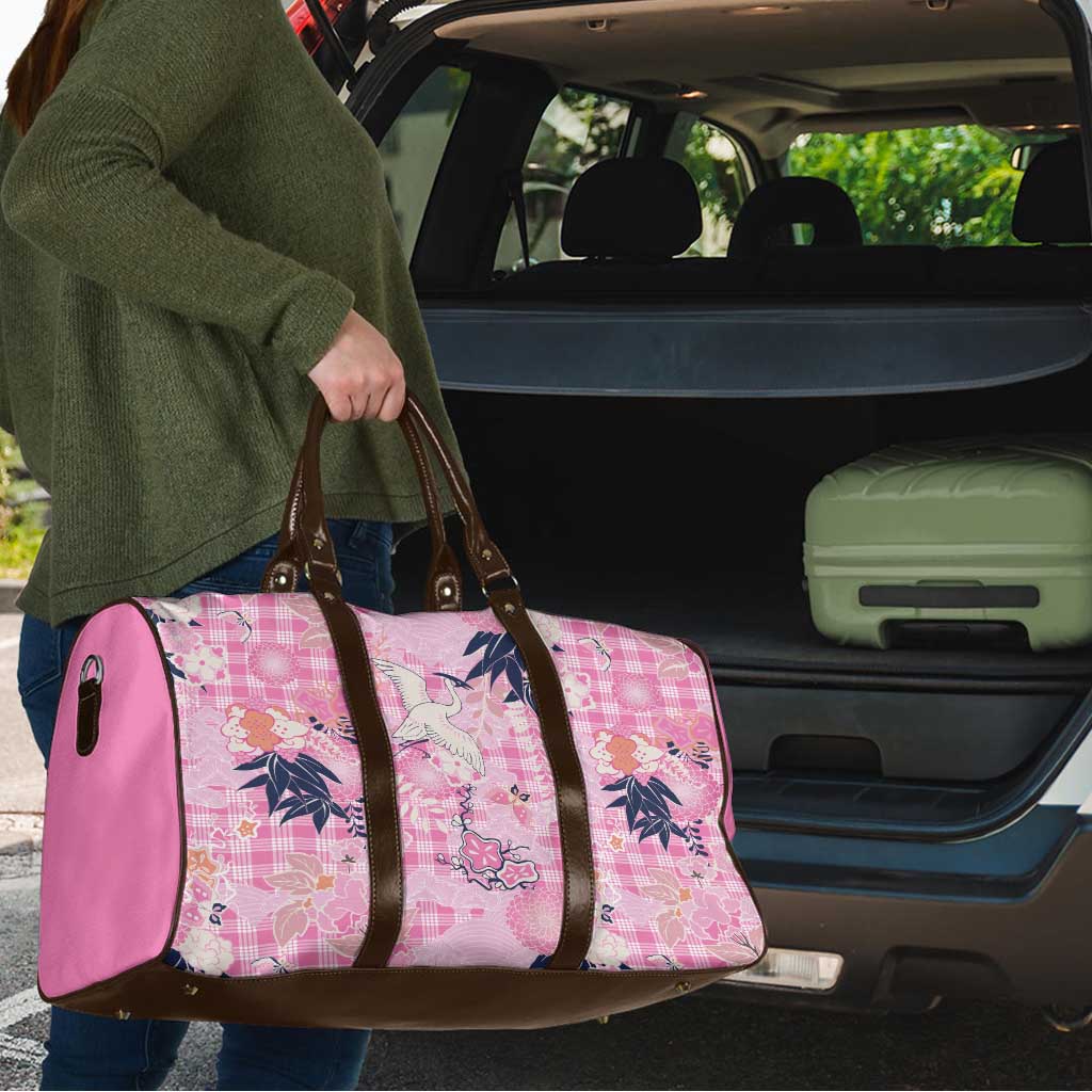 Pink Palaka Crane and Flowers Travel Bag Japan Heritage Spirit - Polynesian Pride