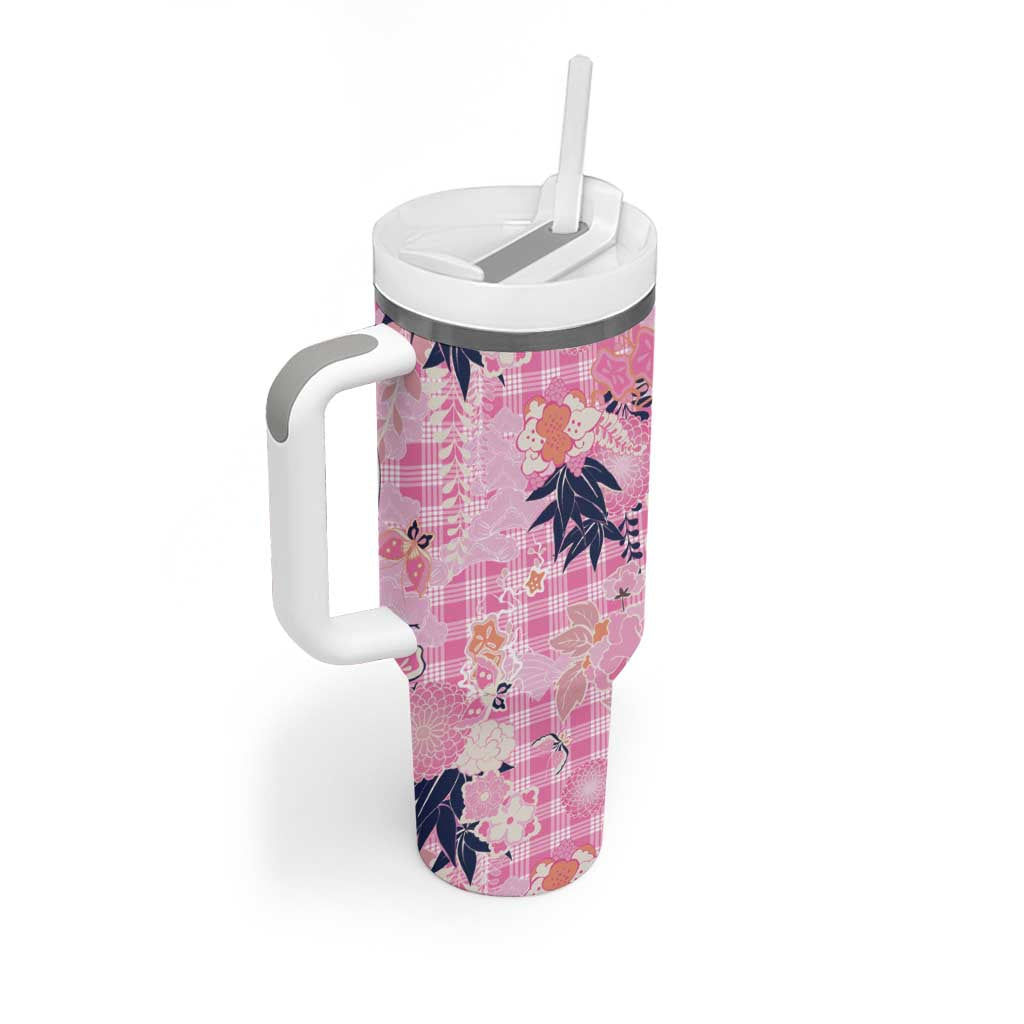 Pink Palaka Crane and Flowers Tumbler With Handle Japan Heritage Spirit - Polynesian Pride