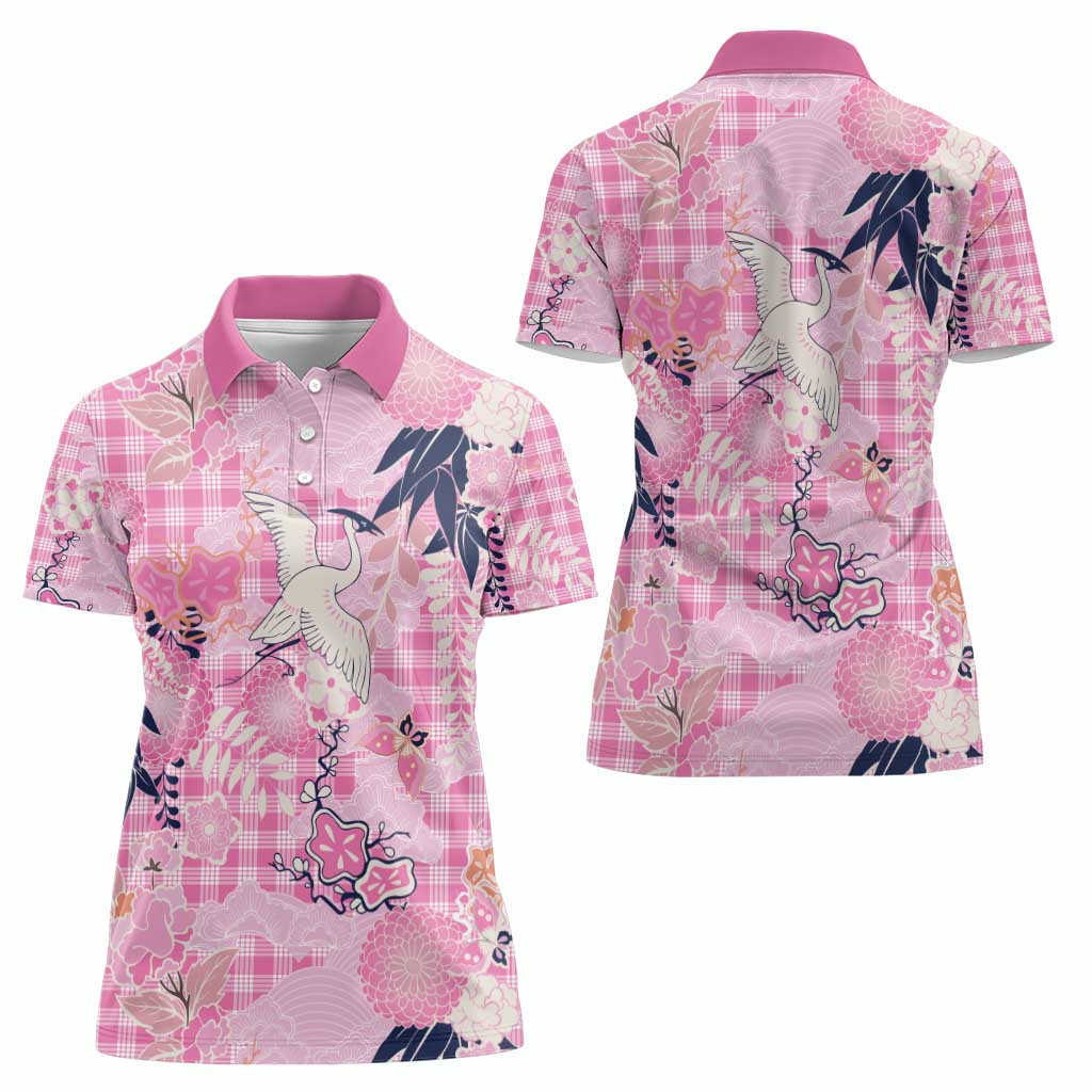 Pink Palaka Crane and Flowers Women Polo Shirt Japan Heritage Spirit - Polynesian Pride