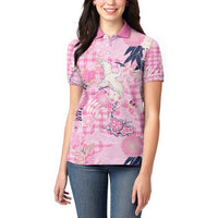 Pink Palaka Crane and Flowers Women Polo Shirt Japan Heritage Spirit - Polynesian Pride