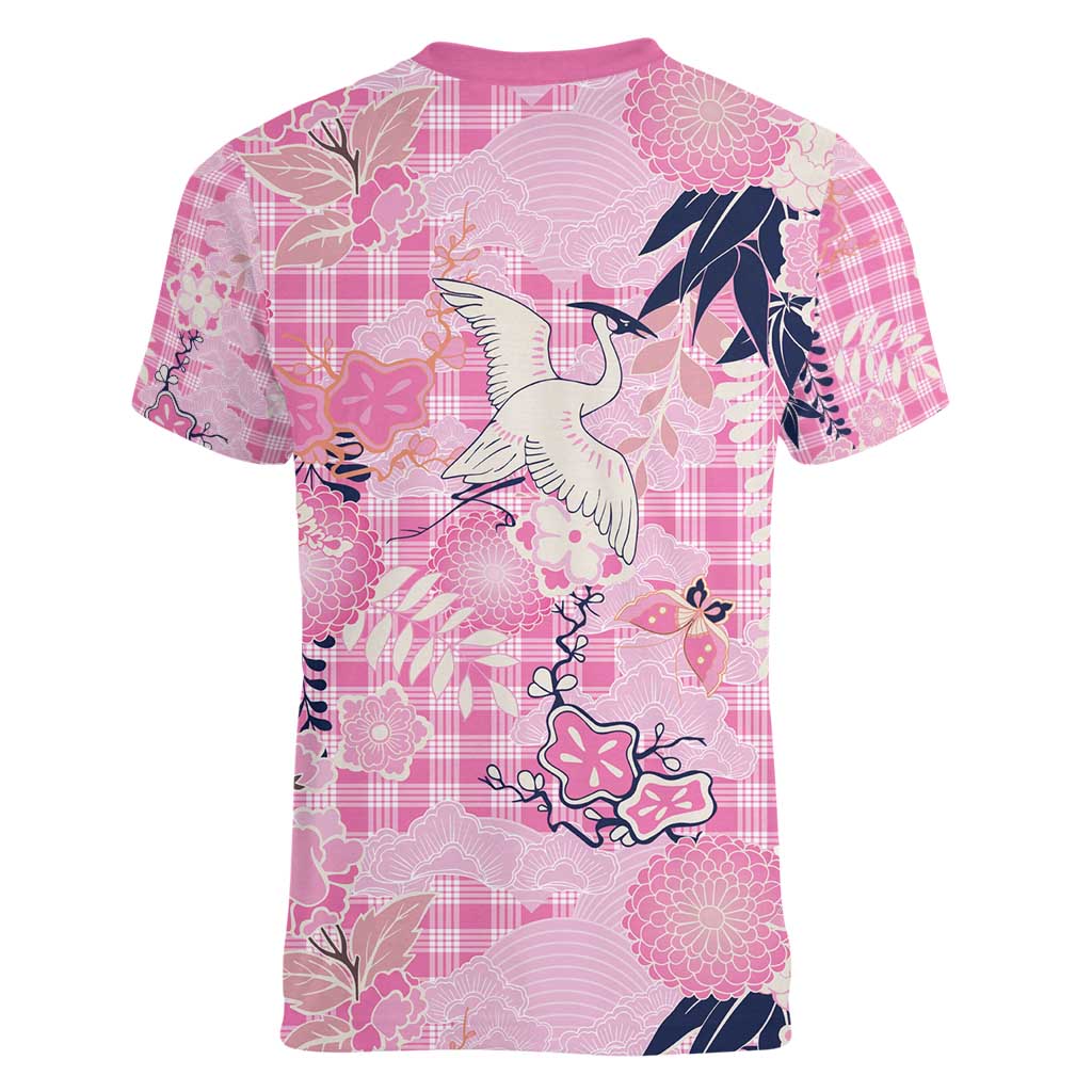 Pink Palaka Crane and Flowers Women V-Neck T-Shirt Japan Heritage Spirit - Polynesian Pride
