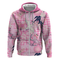 Pink Palaka Crane and Flowers Zip Hoodie Japan Heritage Spirit - Polynesian Pride