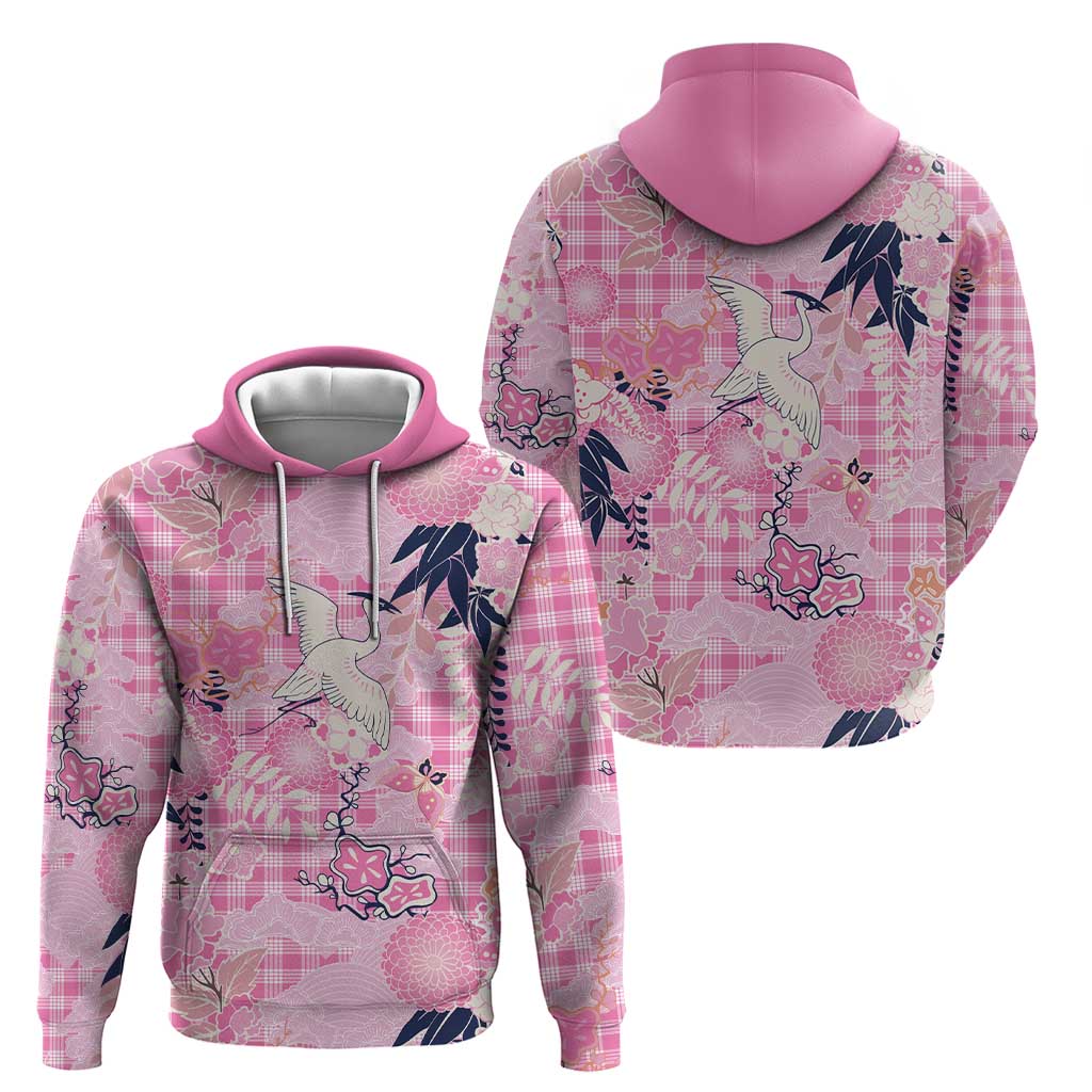 Pink Palaka Crane and Flowers Zip Hoodie Japan Heritage Spirit - Polynesian Pride