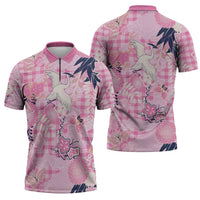 Pink Palaka Crane and Flowers Zipper Polo Shirt Japan Heritage Spirit - Polynesian Pride