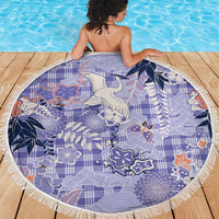 Purple Palaka Crane and Flowers Beach Blanket Japan Heritage Spirit - Polynesian Pride