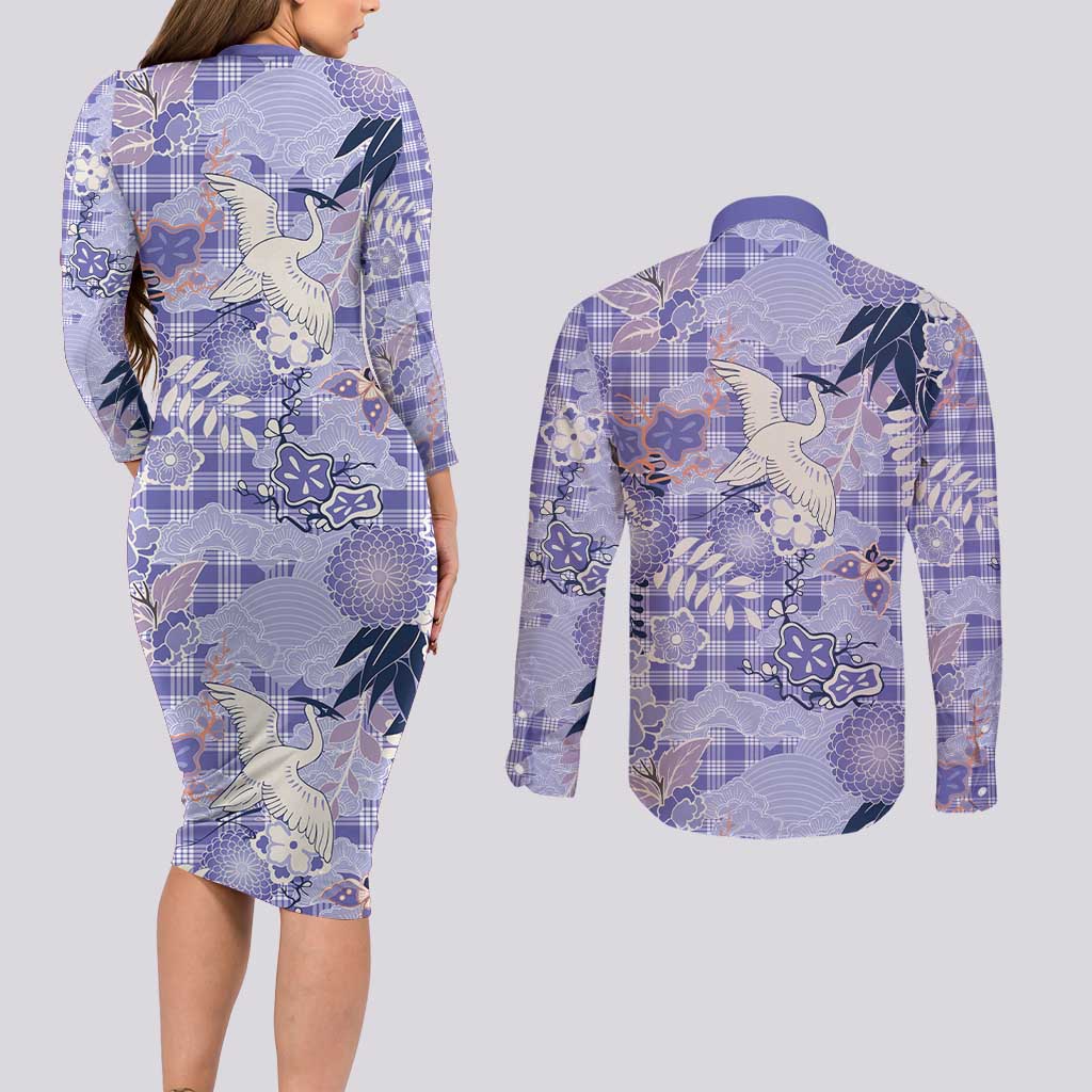 Purple Palaka Crane and Flowers Couples Matching Long Sleeve Bodycon Dress and Long Sleeve Button Shirt Japan Heritage Spirit - Polynesian Pride
