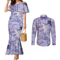 Purple Palaka Crane and Flowers Couples Matching Mermaid Dress and Long Sleeve Button Shirt Japan Heritage Spirit - Polynesian Pride